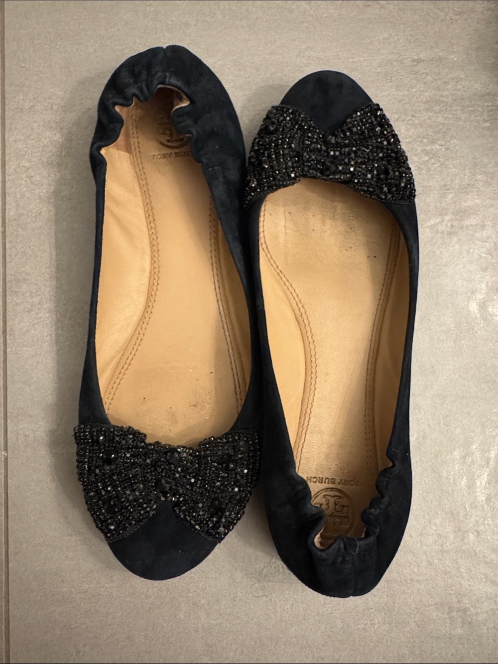 Tory Burch Navy Suede Beaded Bow Ballet Flats